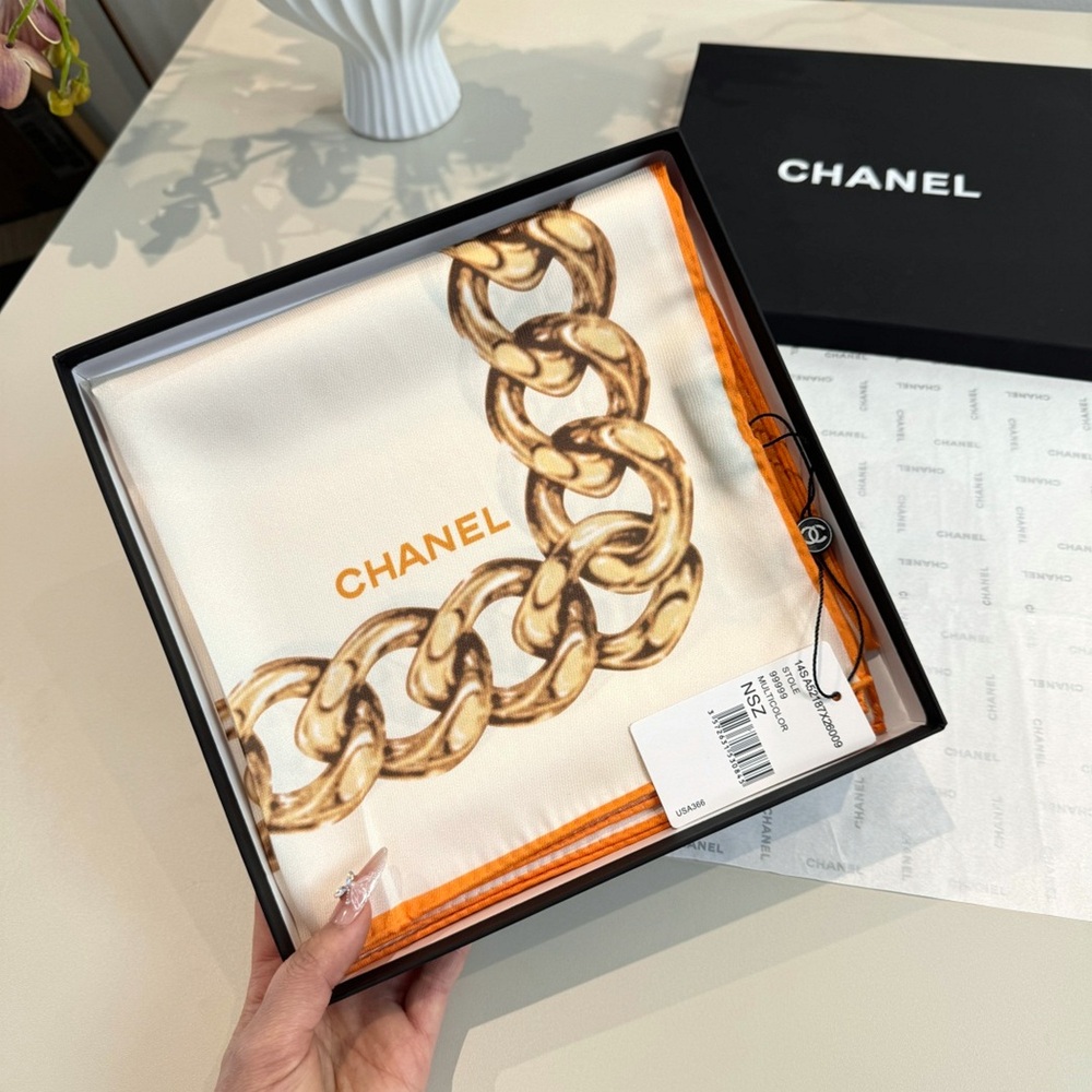 CHANEL Cream Chain & Floral Silk Scarf